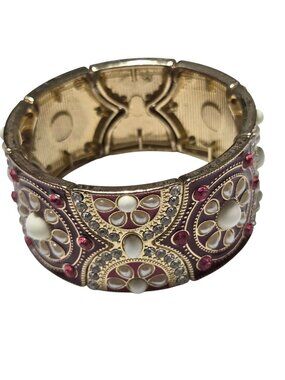 Vintage Enamel Rhinestone Stretch Bracelet Red White Floral Accents Jewelry